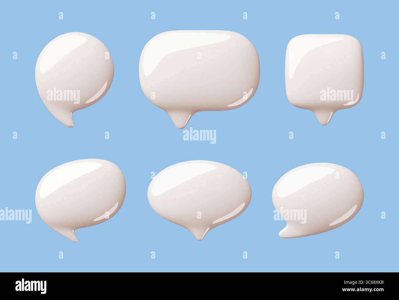 Cartoon 3d speech bubbles. Blank glossy text boxes, different shapes, communication three dimensional elements, templates, round and square balloons Stock Vector