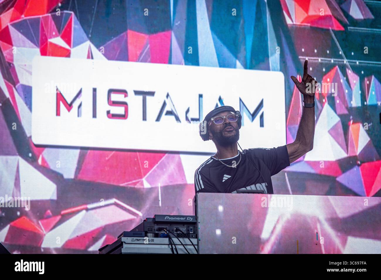 DJ MistaJam, Peter Dalton, performing live on stage at the Lazydays music festival in Priory Park, Southend on Sea, Essex, UK. Stock Photo