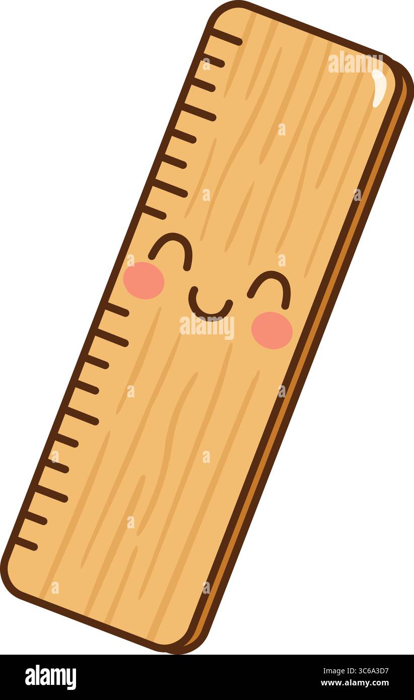 Cute kawaii wooden ruler character with smiling face and rosy cheeks ...