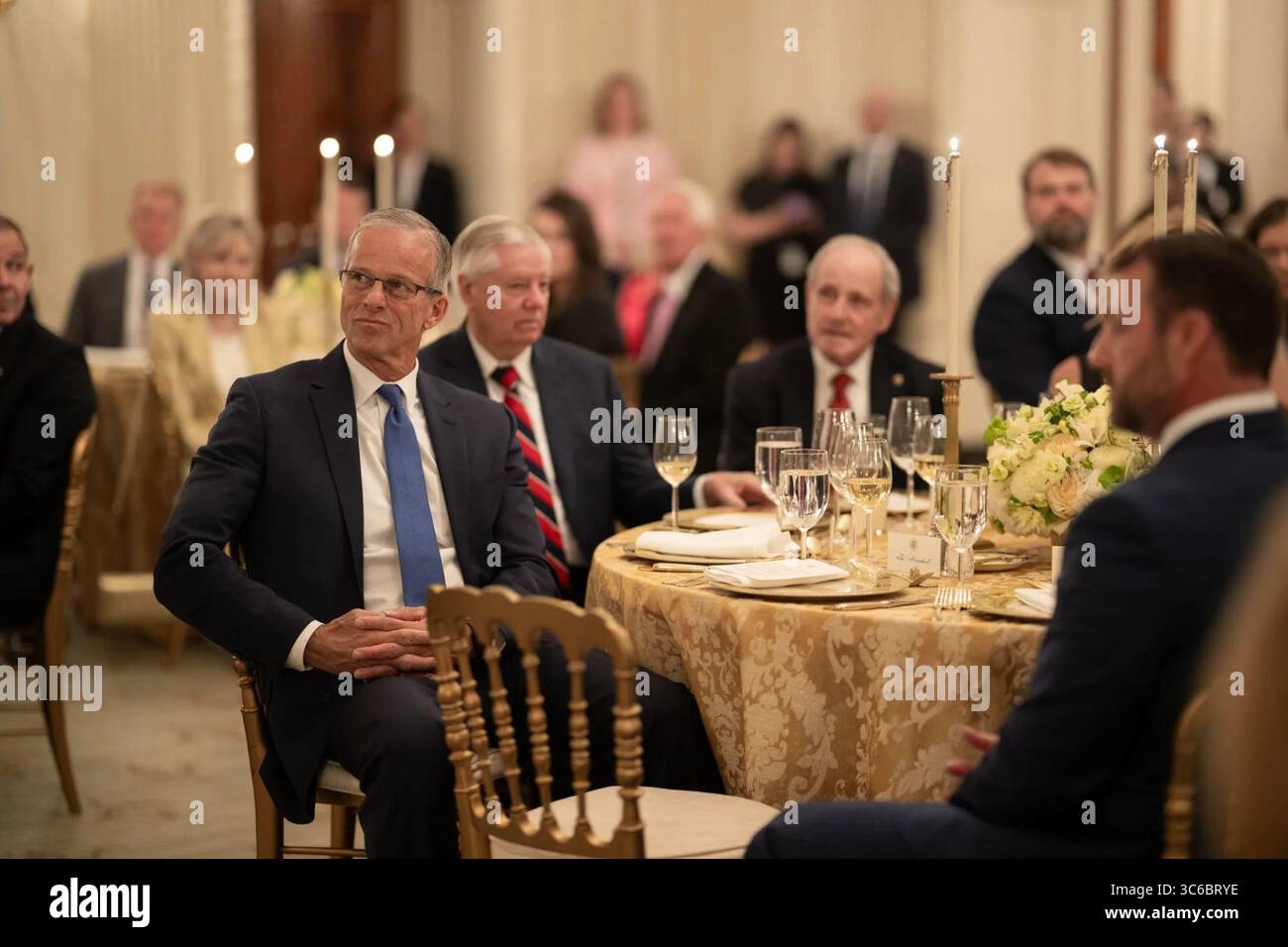 Senators John Thune, Lindsey Graham, and Mike Crapo attend a White House dinner hosted by President Donald J. Trump to celebrate the passage of the One Big Beautiful Bill Act. The evening honored key GOP lawmakers for their legislative efforts and party leadership. July 18, 2025. Image courtesy of the White House. Stock Photo