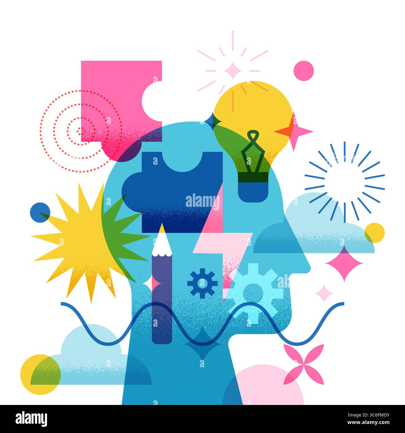 Abstract creative human head with puzzle, light bulb, flash, gear, cloud symbols. Vector flat geometric illustration. Concept for creativity, educatio Stock Vector