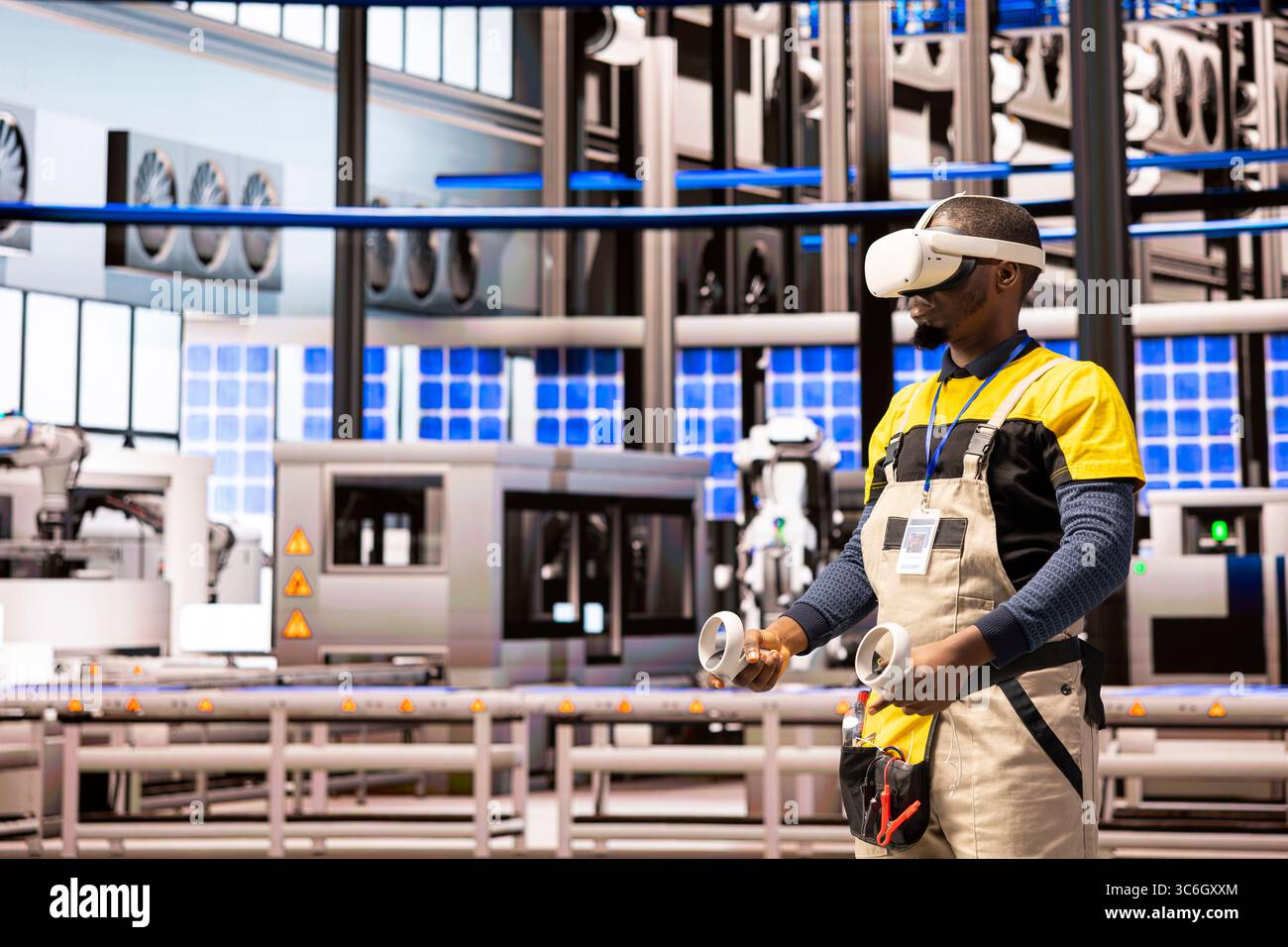 Black male engineer in smart photovoltaics facility tracking system ...