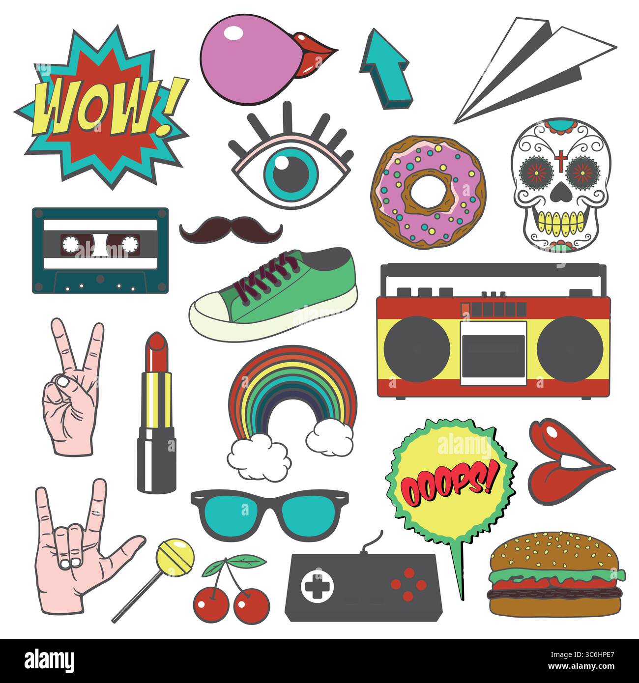 Retro Pop Art Icons, Vector Sticker Set. Colorful Sticker Set for ...