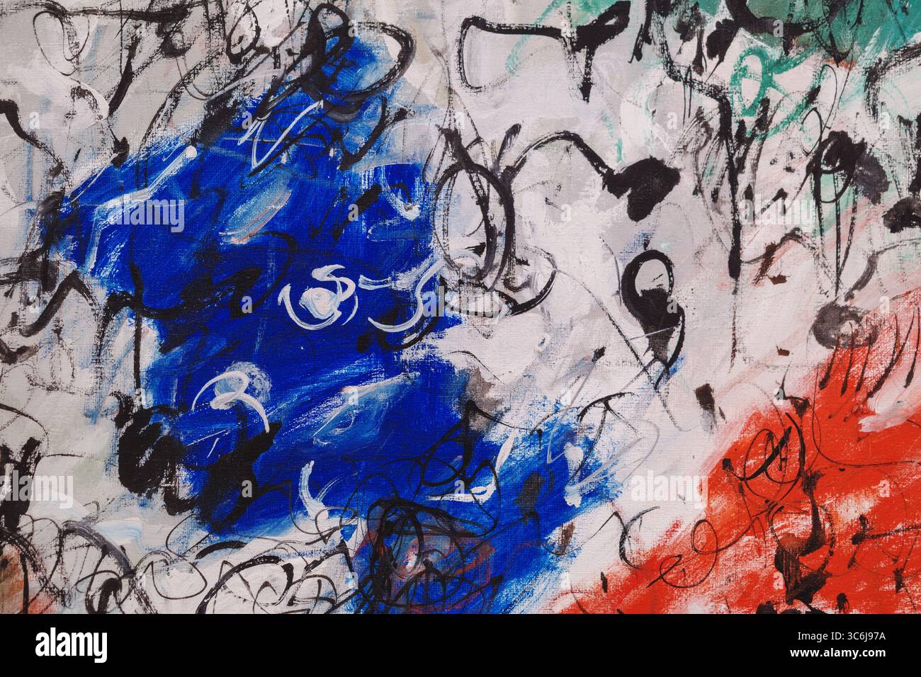 A close-up of a modern abstract expressionist painting, suitable for a texture or background. The artwork features chaotic black scribbles and lines l Stock Photo