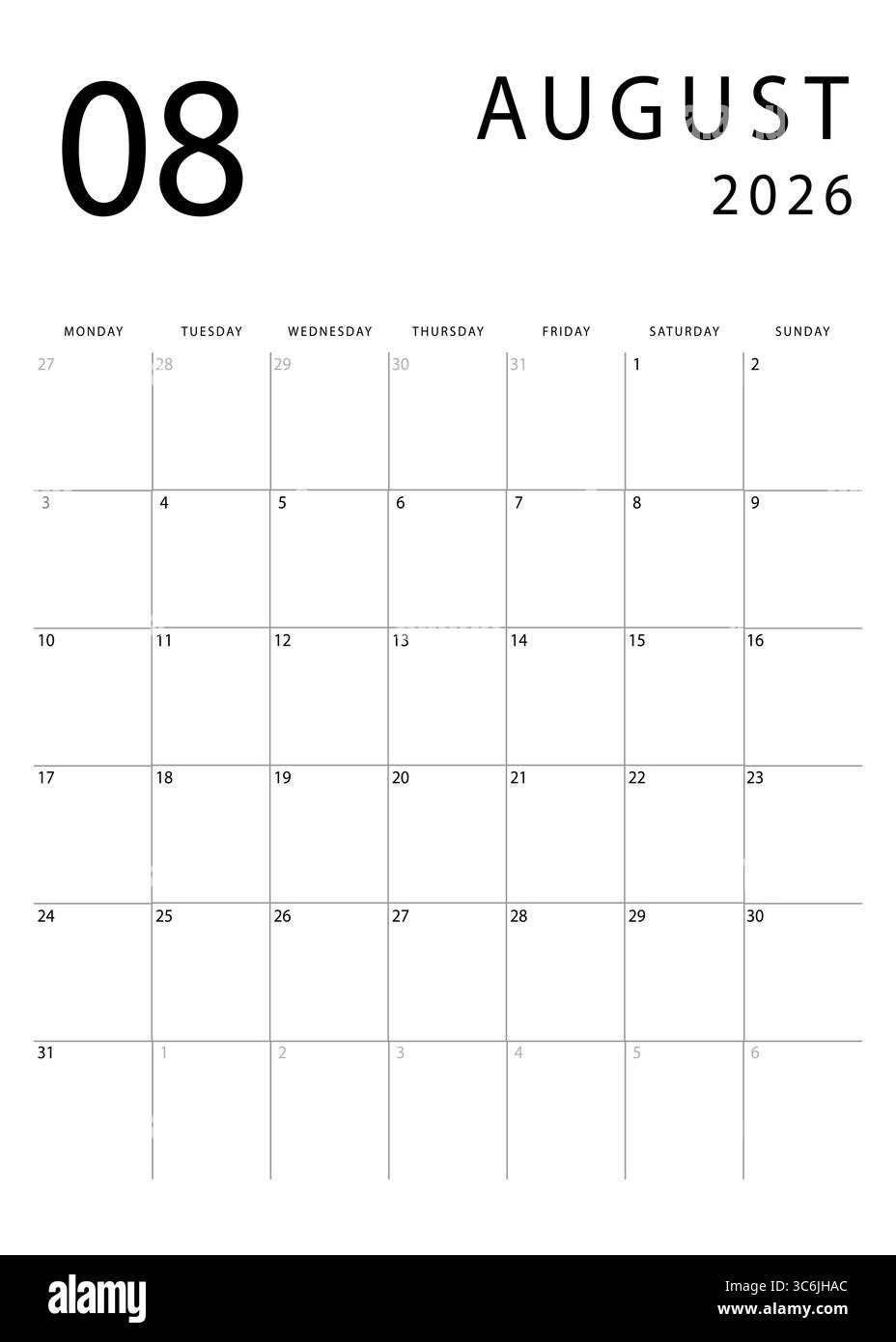 August 2026 calendar. Clean and simple monthly planner template ...