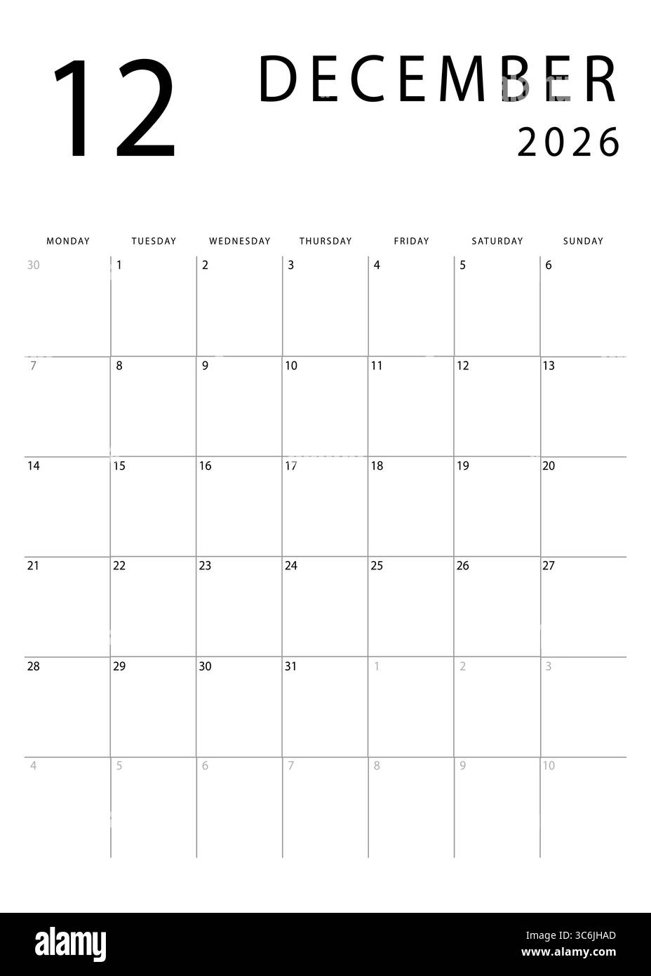 December 2026 calendar. Clean and simple monthly planner ...