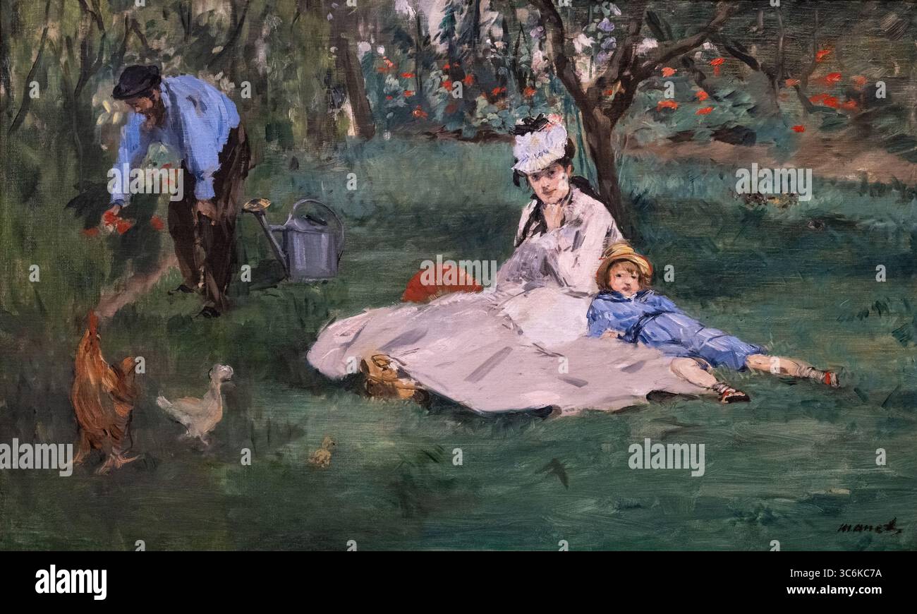 Monet family in their garden at argenteuil hi-res stock