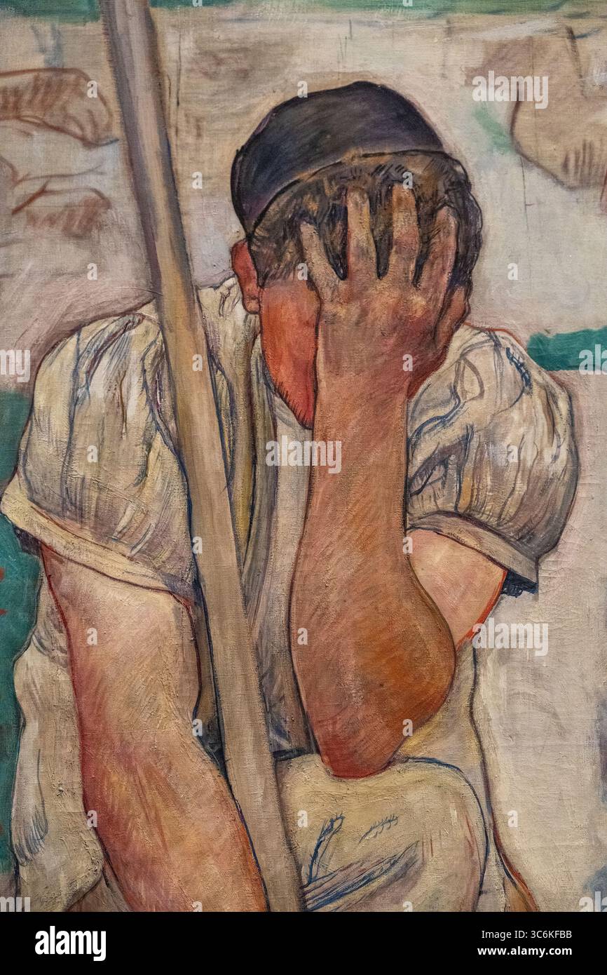 painting called Fallen Caryatid Carrying an Urn by Auguste Rodin at the New York MET art museum Stock Photo