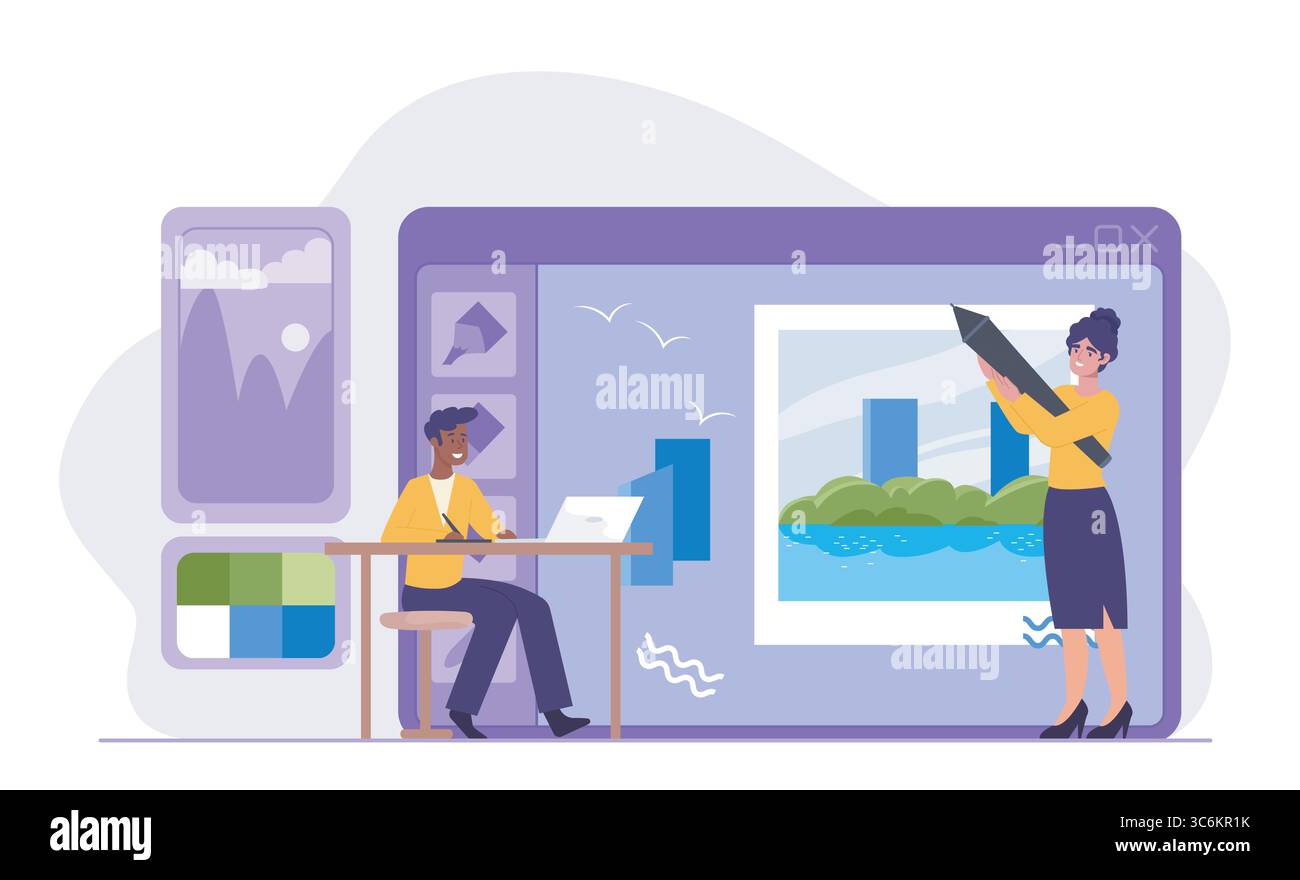 Graphic designers working on illustration. Vector illustration Stock Vector