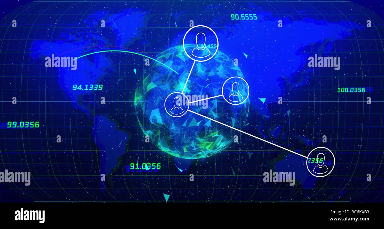 Displaying central polygonal globe glowing on digital interface, with user icons and numeric data. Technology, connectivity, data, digital, network, i Stock Photo