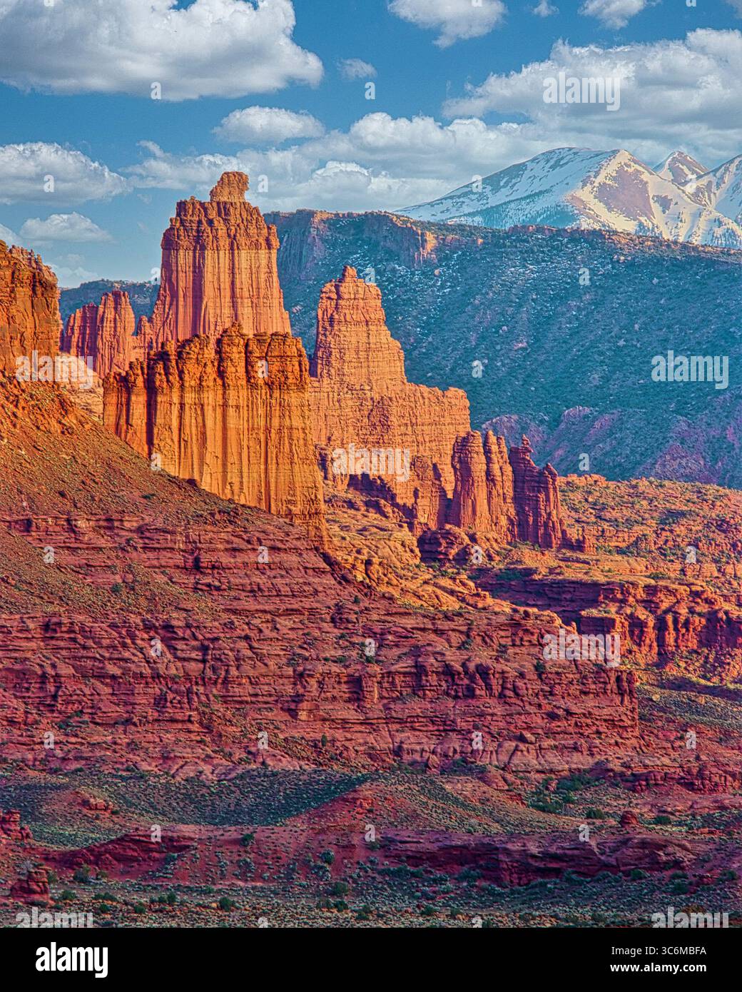 Fisher Towers with La Sal Mountains in the background, near Moab, Utah, USA Stock Photo