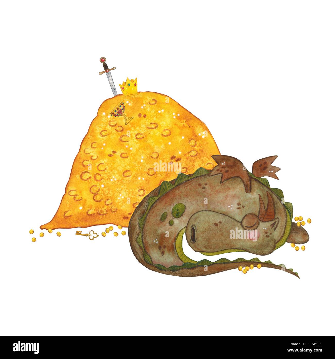 Dragon lying next to a pile of gold. Watercolor illustration hand drawn ...