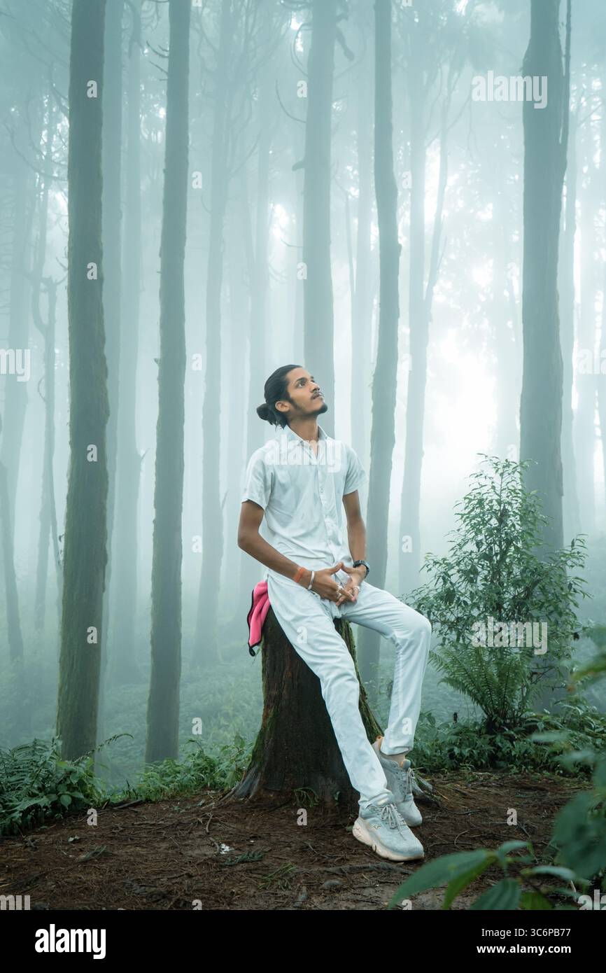 Self-portrait of a man sitting on a tree stump in a misty forest in Darjeeling, India. Captured during monsoon season with soft light filtering. Stock Photo
