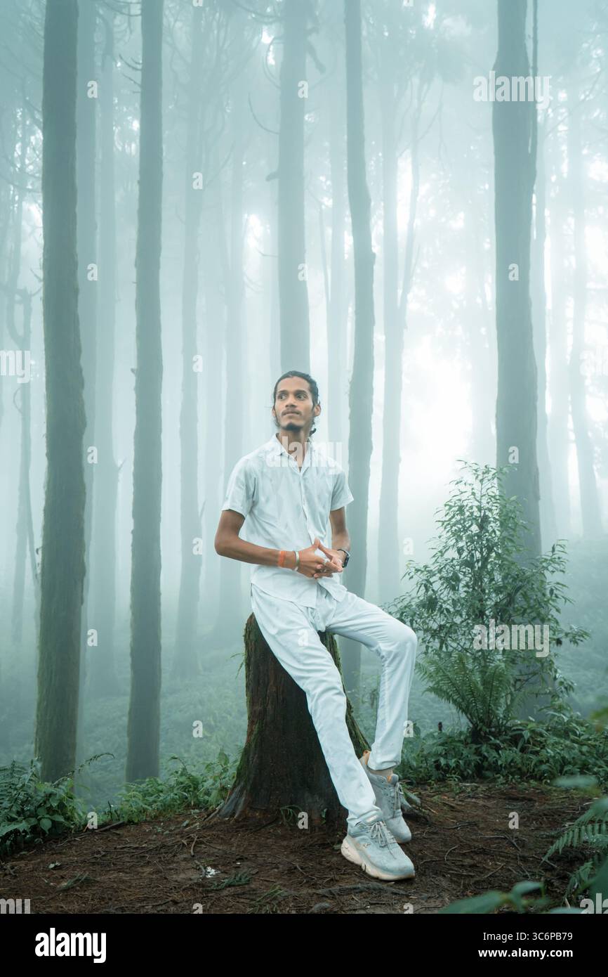 Self-portrait of a man sitting on a tree stump in a misty forest in Darjeeling, India. Captured during monsoon season with soft light filtering. Stock Photo