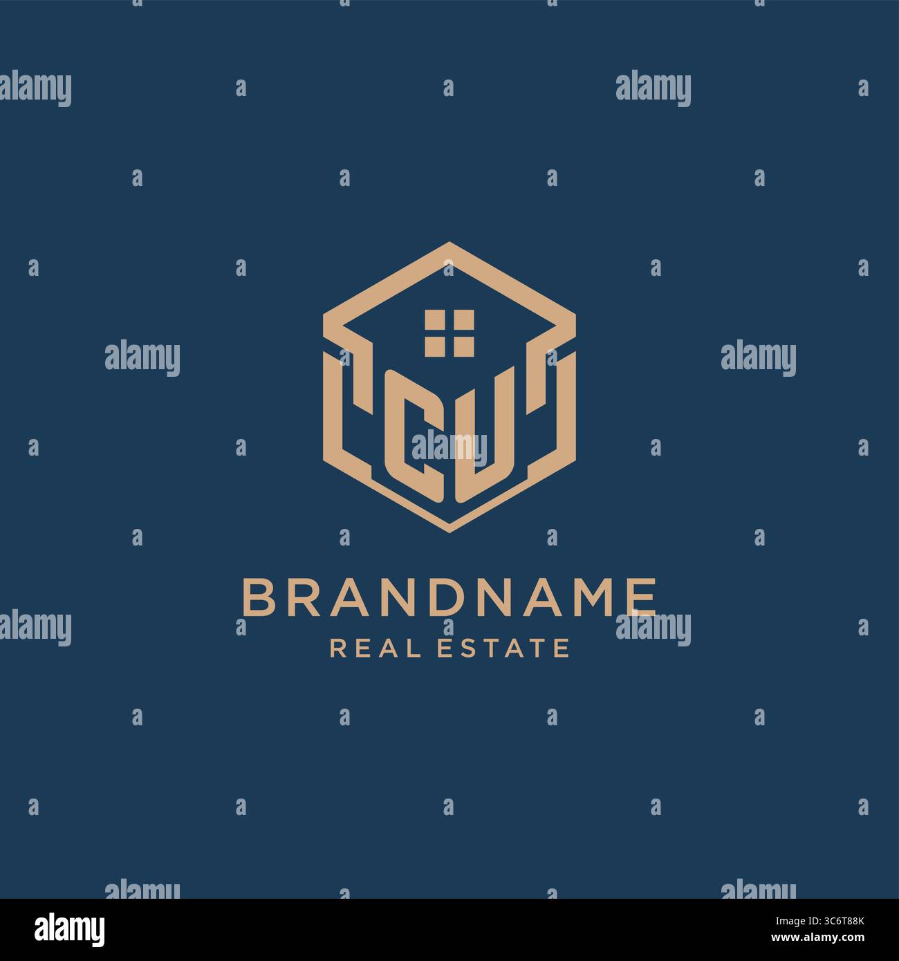 Initial CU hexagonal house roof shape icon logo design vector graphic Stock Vector