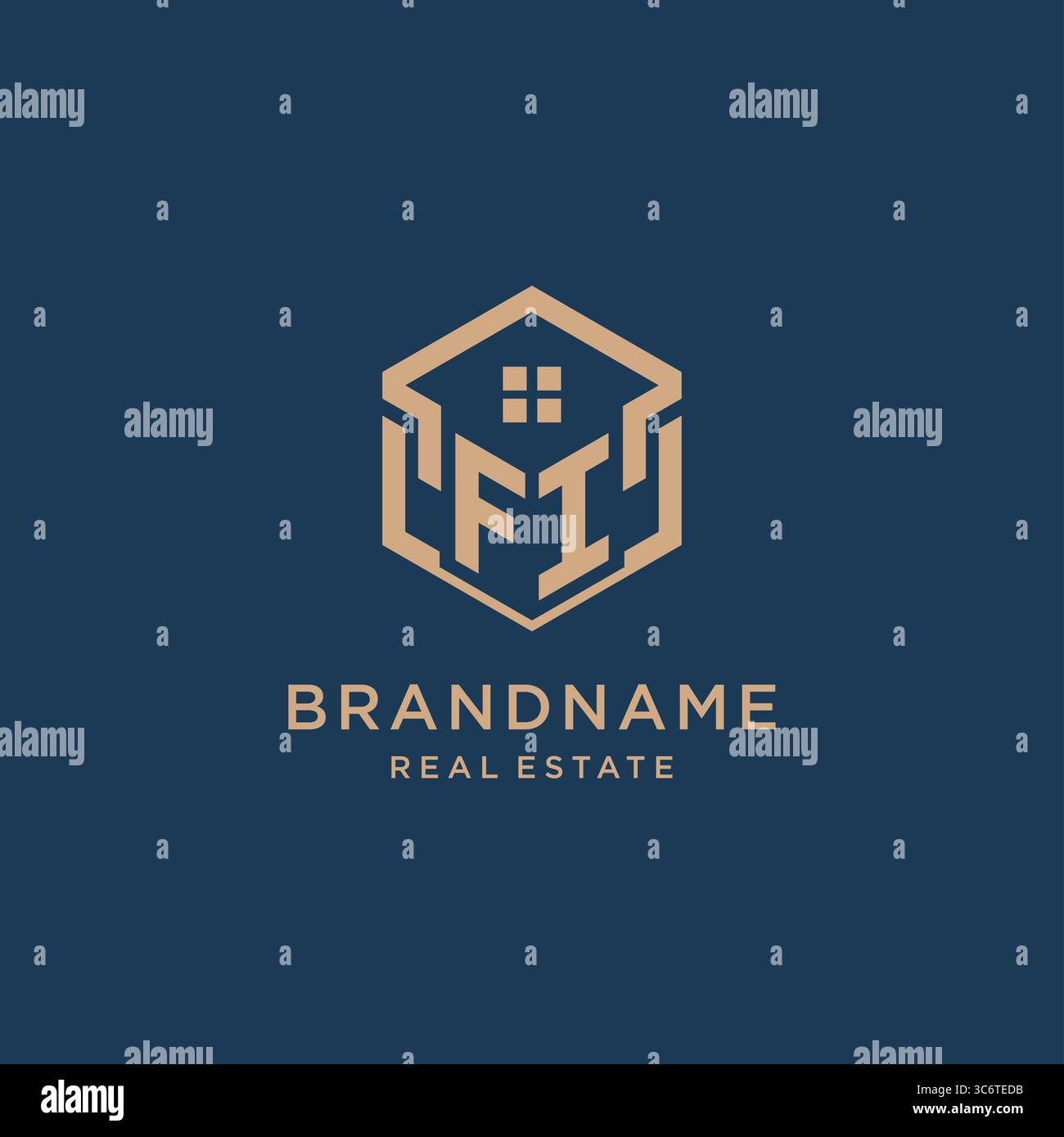 Initial FI hexagonal house roof shape icon logo design vector graphic Stock Vector