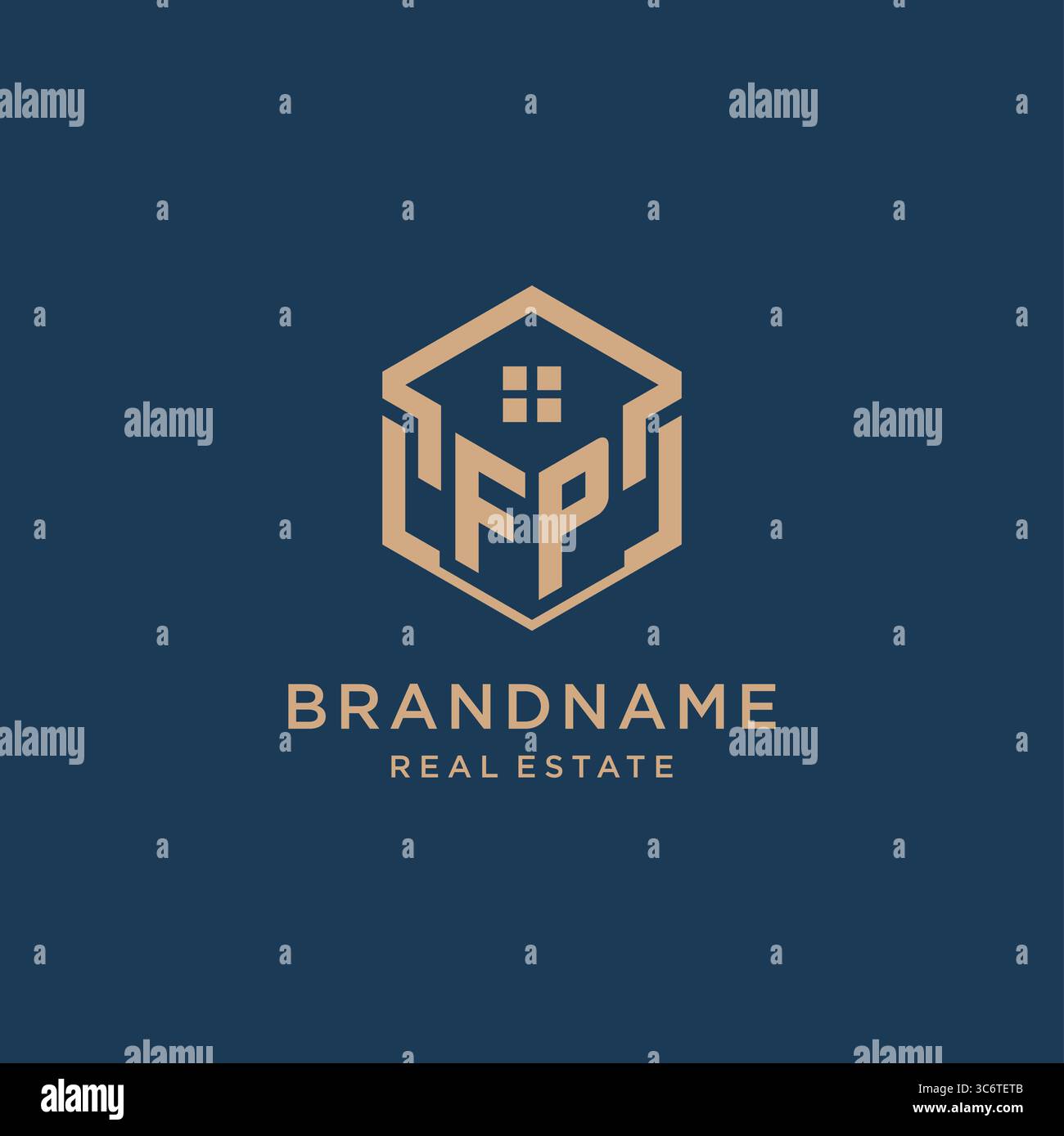 Initial FP hexagonal house roof shape icon logo design vector graphic Stock Vector