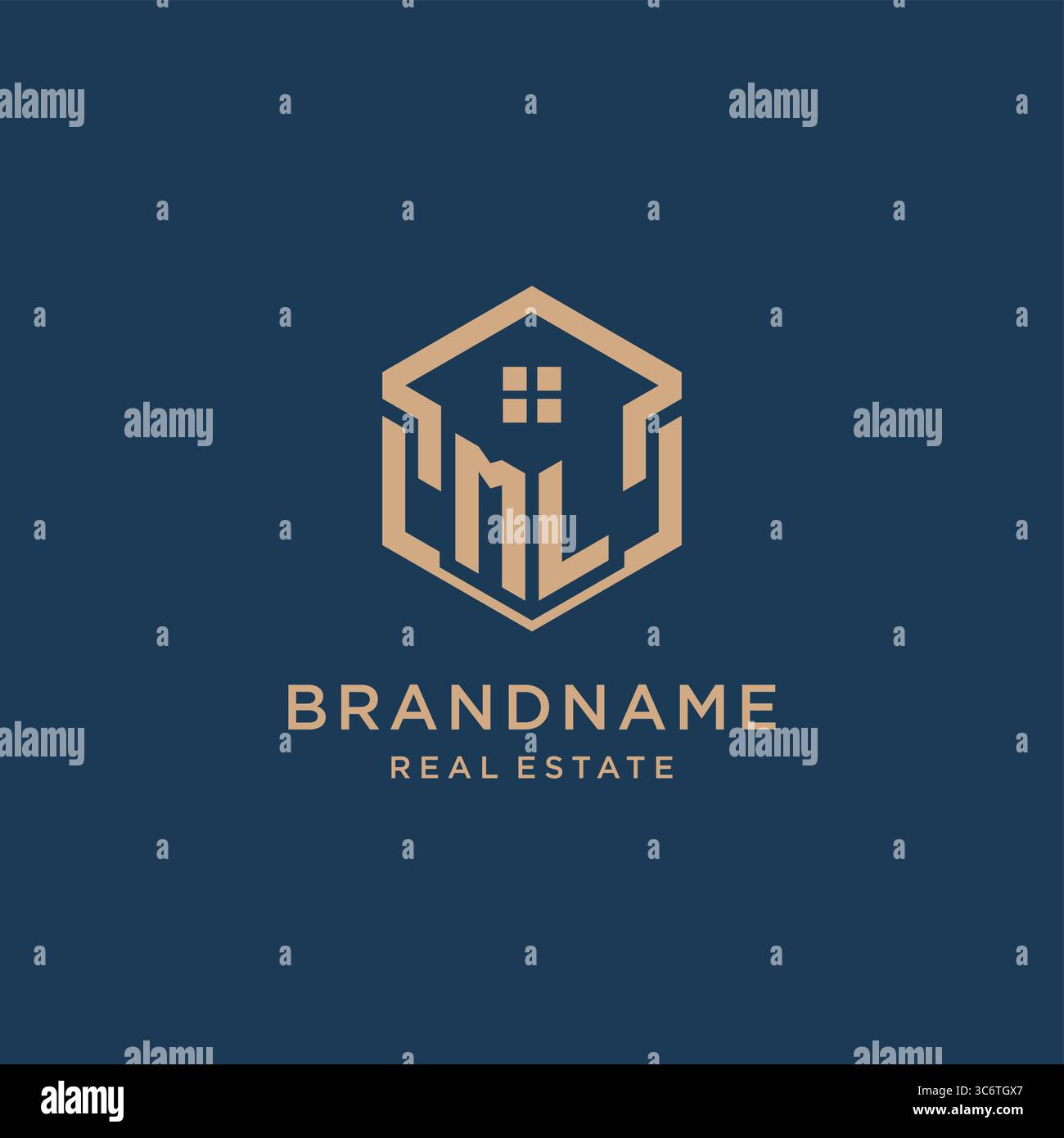 Initial ML hexagonal house roof shape icon logo design vector graphic Stock Vector
