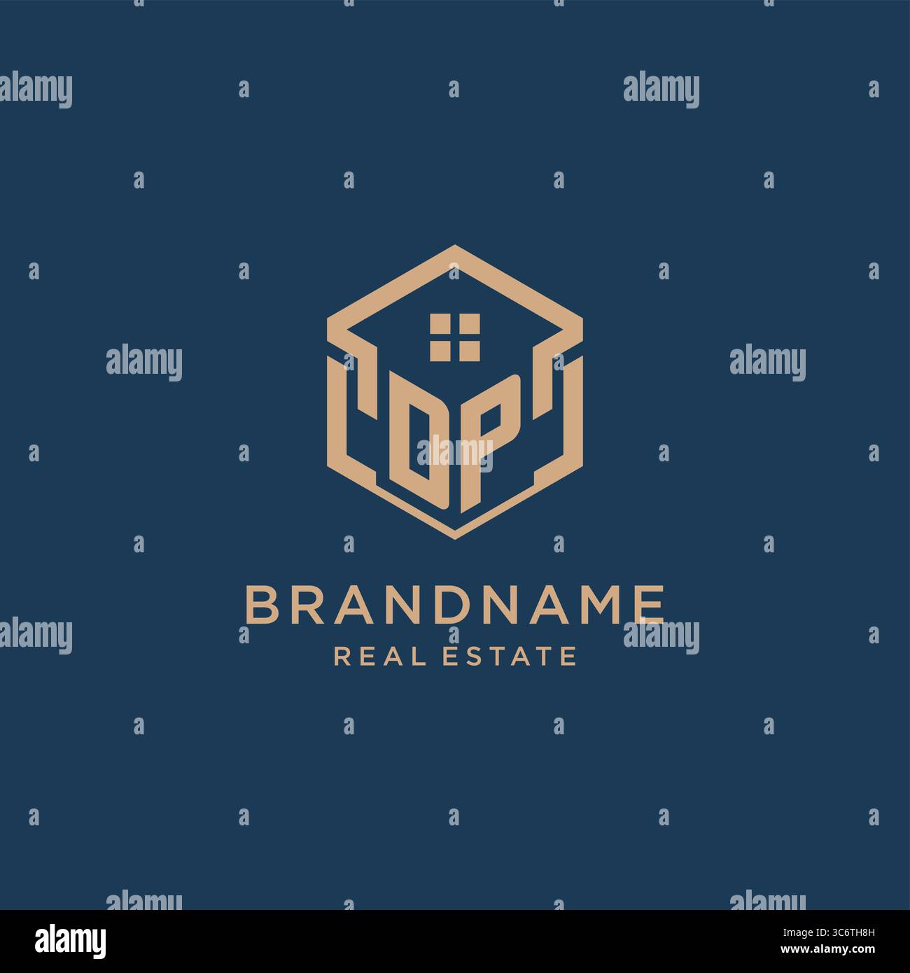 Initial DP hexagonal house roof shape icon logo design vector graphic Stock Vector