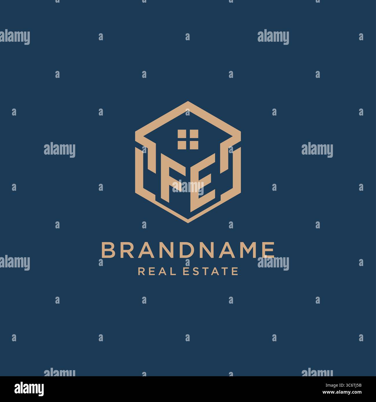 Initial FE hexagonal house roof shape icon logo design vector graphic Stock Vector