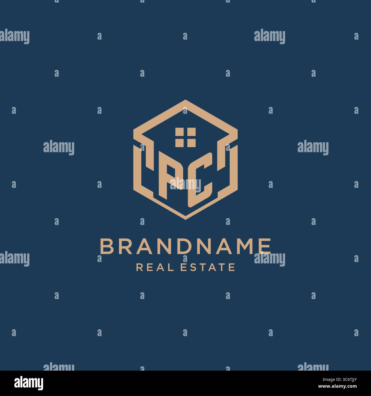 Initial PC hexagonal house roof shape icon logo design vector graphic Stock Vector