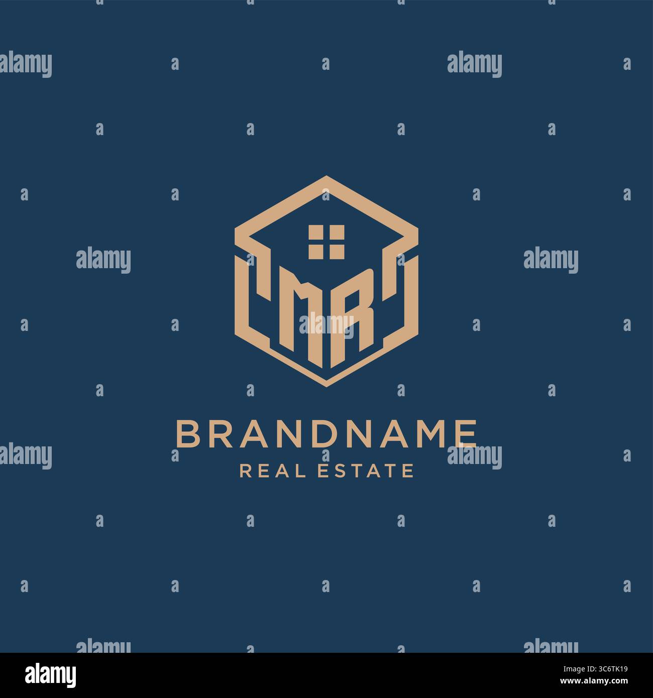 Initial MR hexagonal house roof shape icon logo design vector graphic Stock Vector