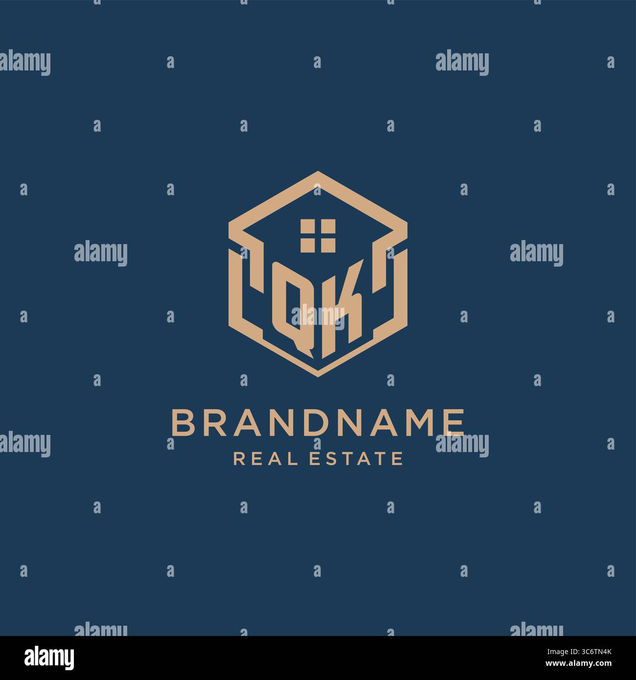 Initial QK hexagonal house roof shape icon logo design vector graphic Stock Vector