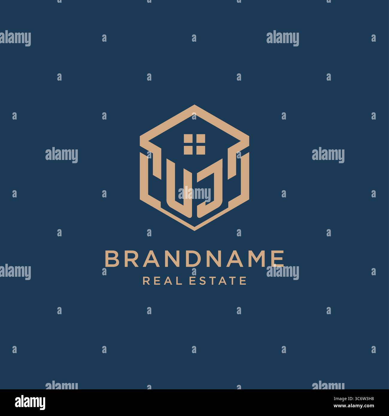 Initial UJ hexagonal house roof shape icon logo design vector graphic Stock Vector