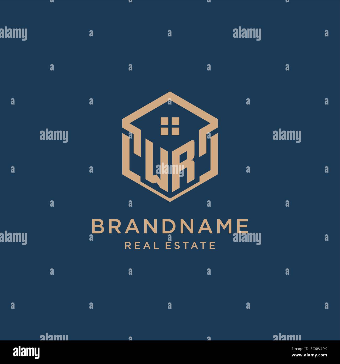 Initial WR hexagonal house roof shape icon logo design vector graphic Stock Vector