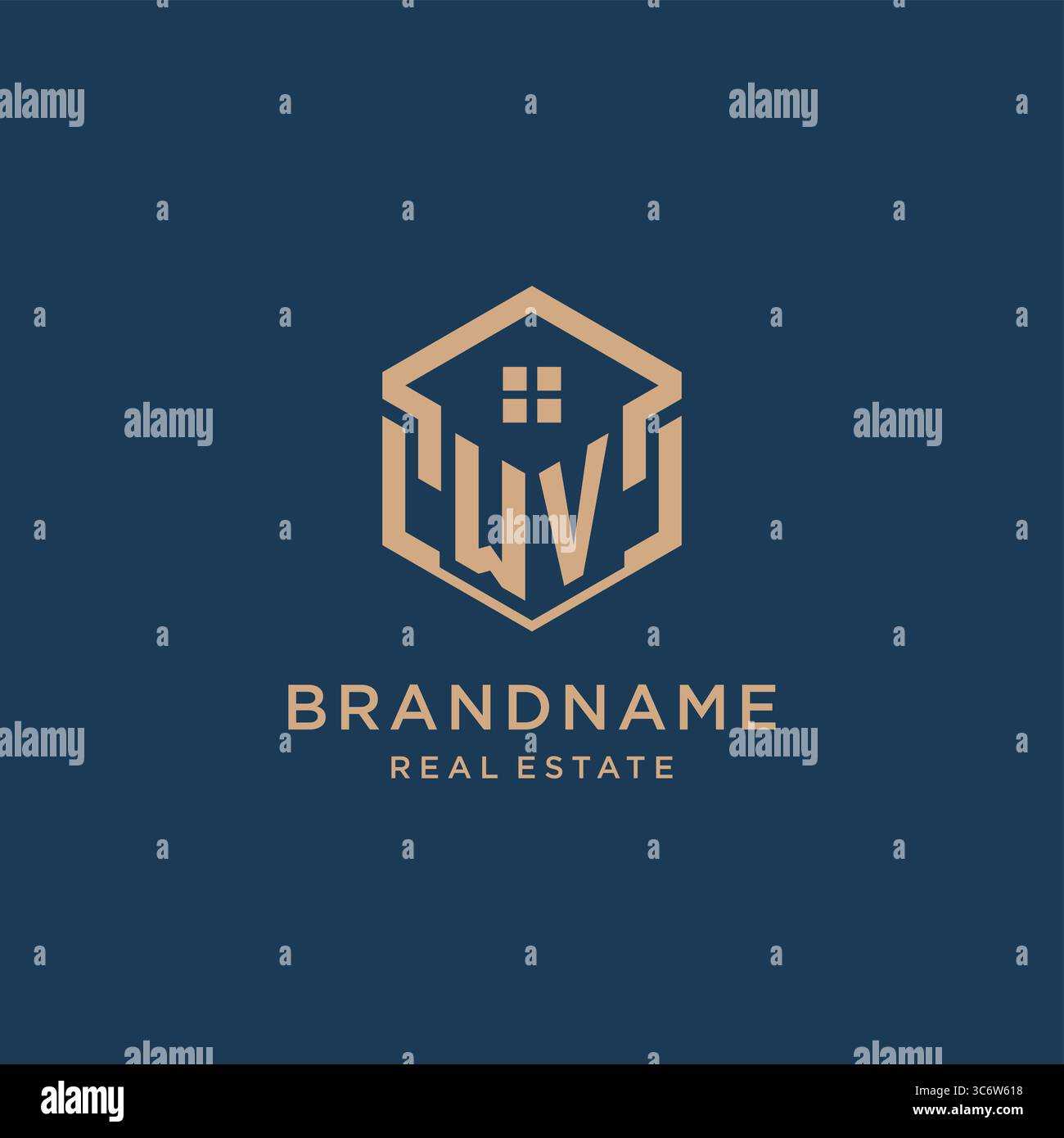 Initial WV hexagonal house roof shape icon logo design vector graphic Stock Vector