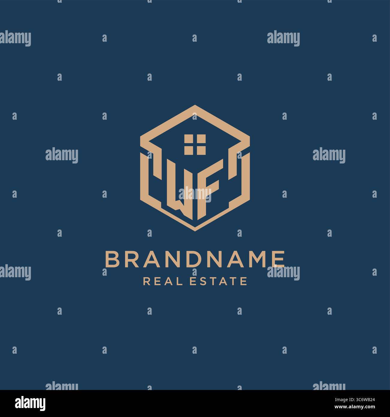Initial WF hexagonal house roof shape icon logo design vector graphic Stock Vector