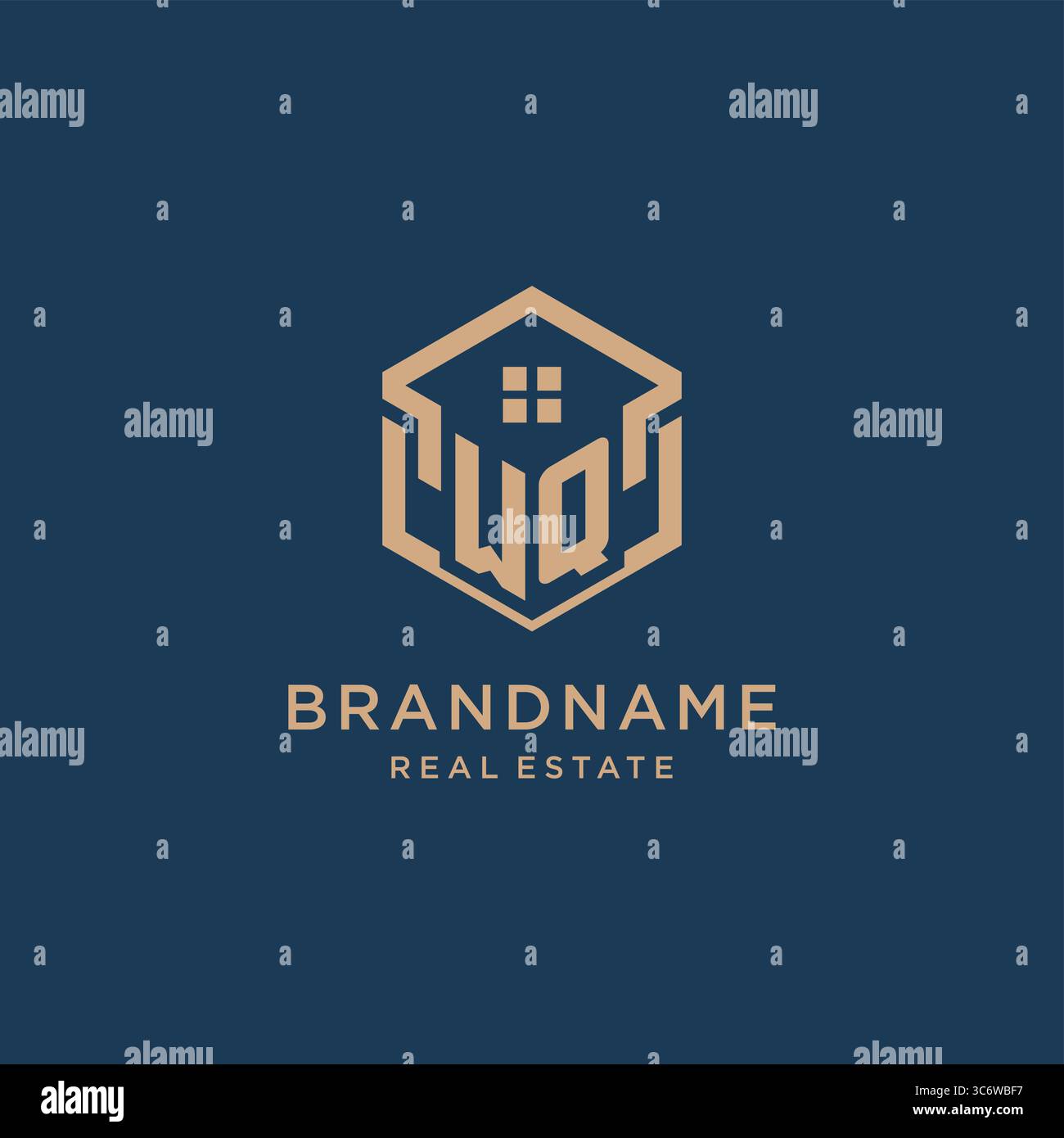 Initial WQ hexagonal house roof shape icon logo design vector graphic Stock Vector