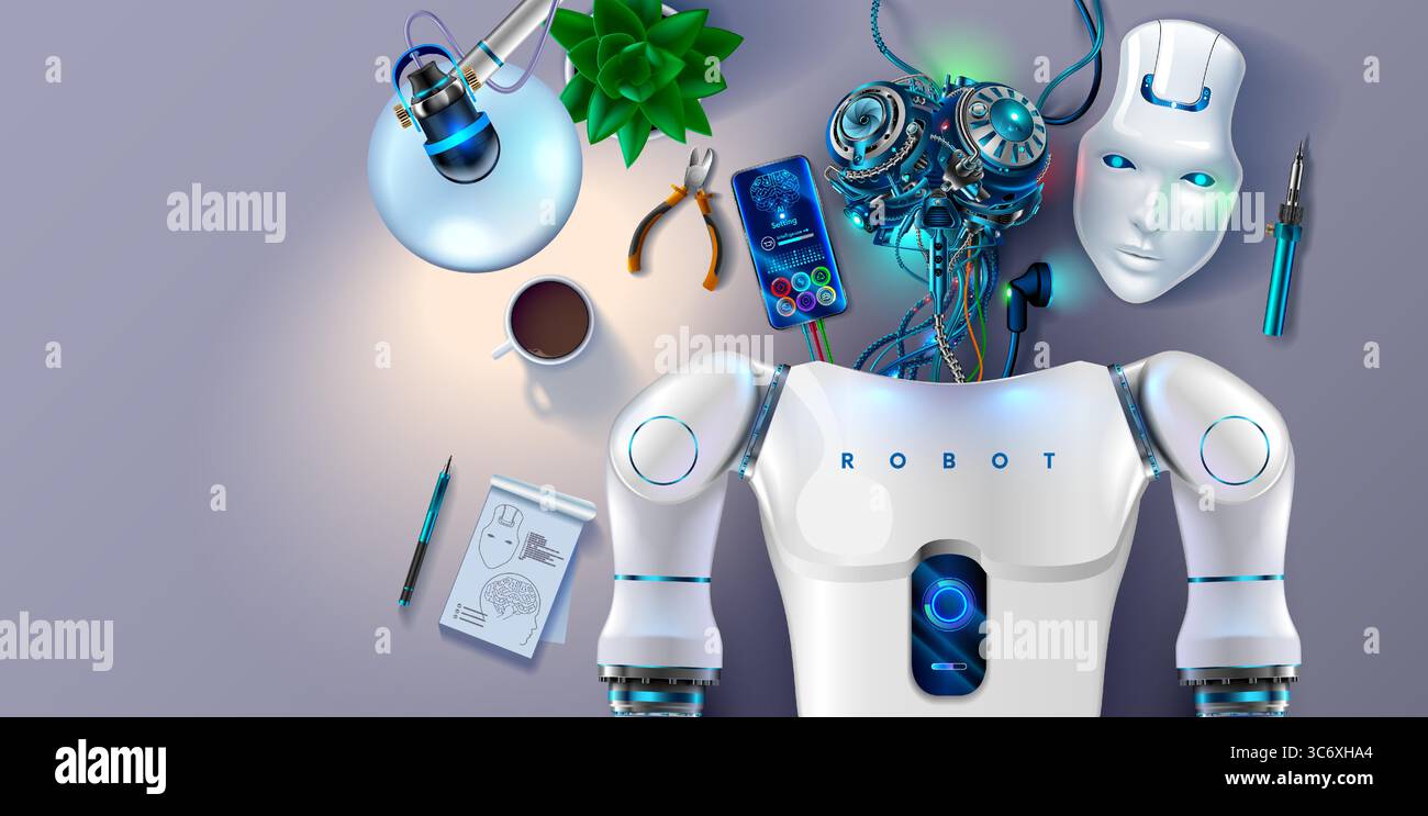 Scientist programming humanoid robot in hi-res stock photography and ...