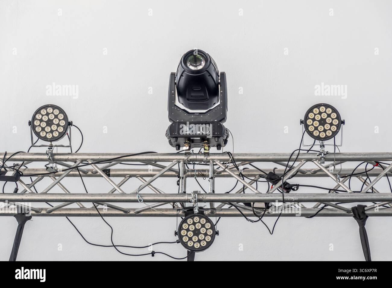 Close up of a lighting system above a stage, copy space Stock Photo