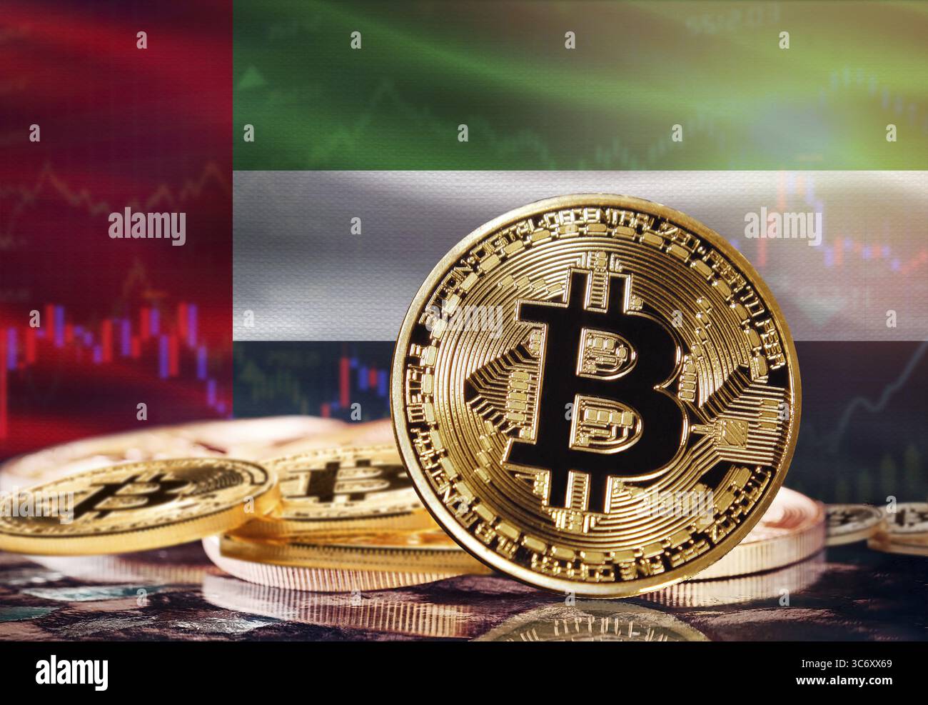 United Arab Emirates flag and cryptocurrency falling trend with two bitcoins  on dollar bills. Concept of depreciation Bitcoin in price against the dol  Stock Photo - Alamy