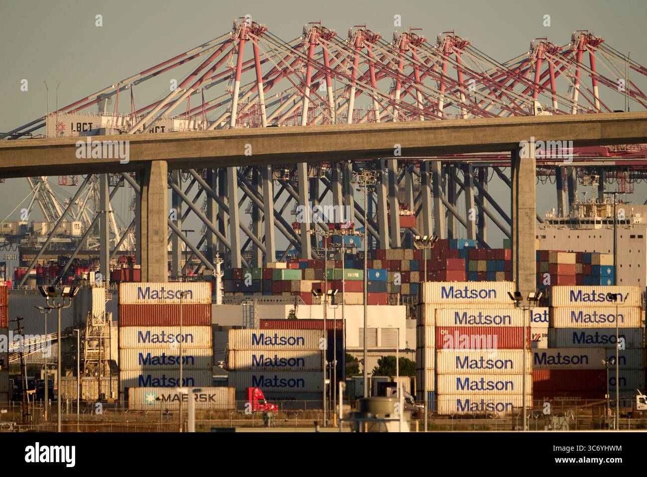 Shipping containers are stacked at the Matson terminal in the Port of ...