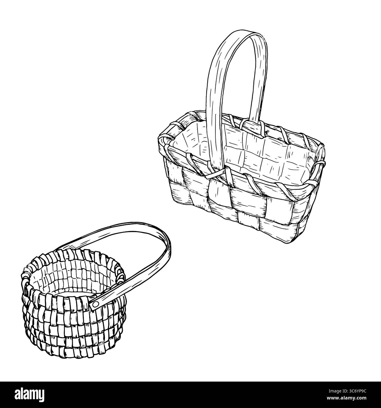 A wicker basket made of vines with a handle, a set of black and white ...
