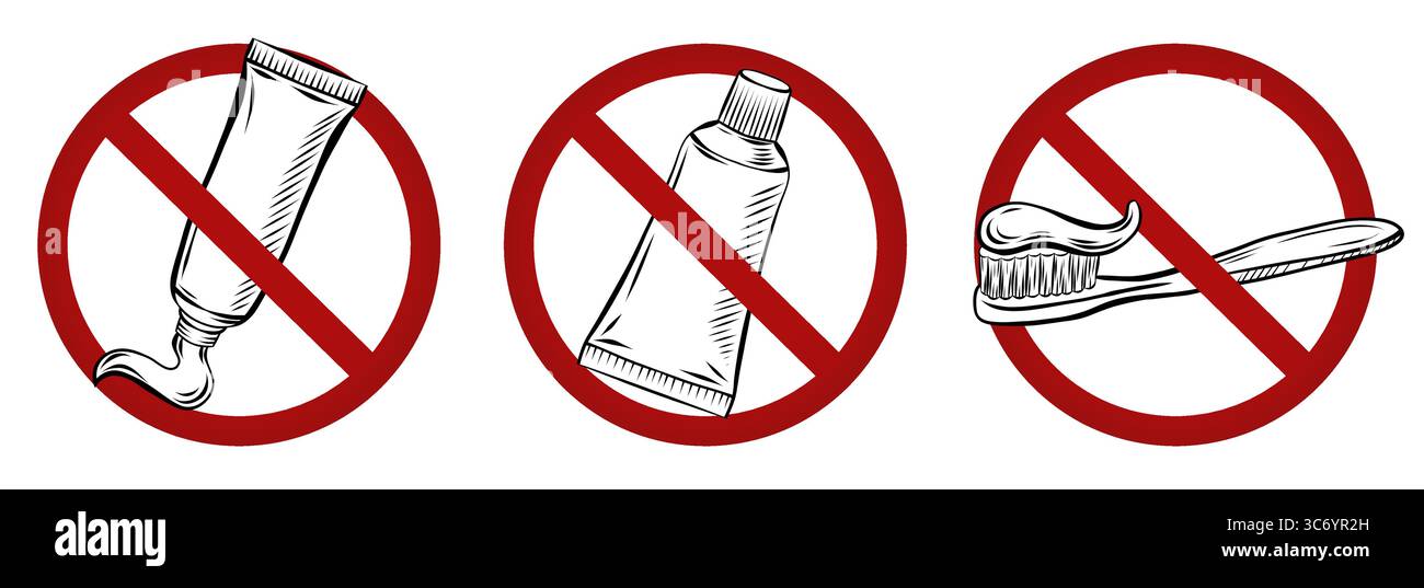 Collection of prohibition signs with toothpaste and toothbrush. It is ...