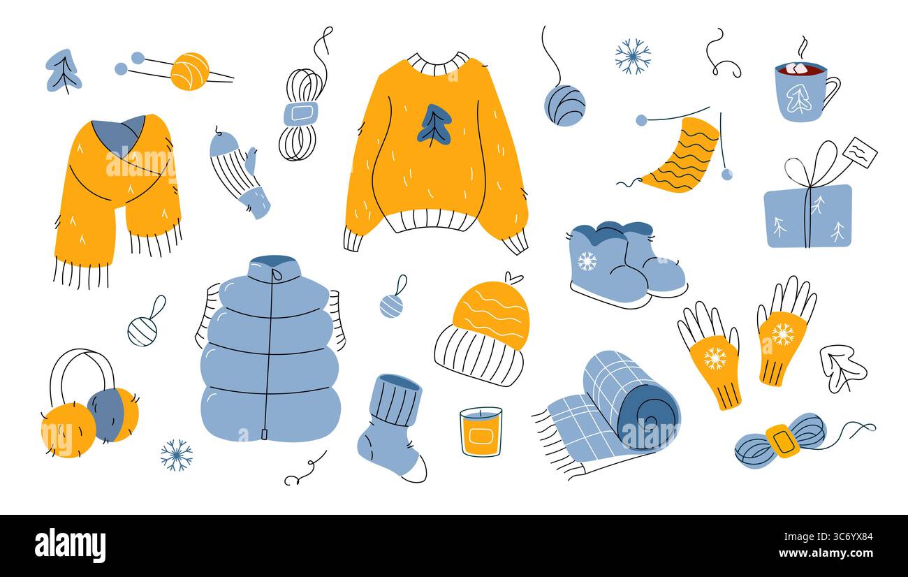 Winter warm knitted clothes set with holiday decor Modern flat style with doodle hand drawn elements Stock Vector