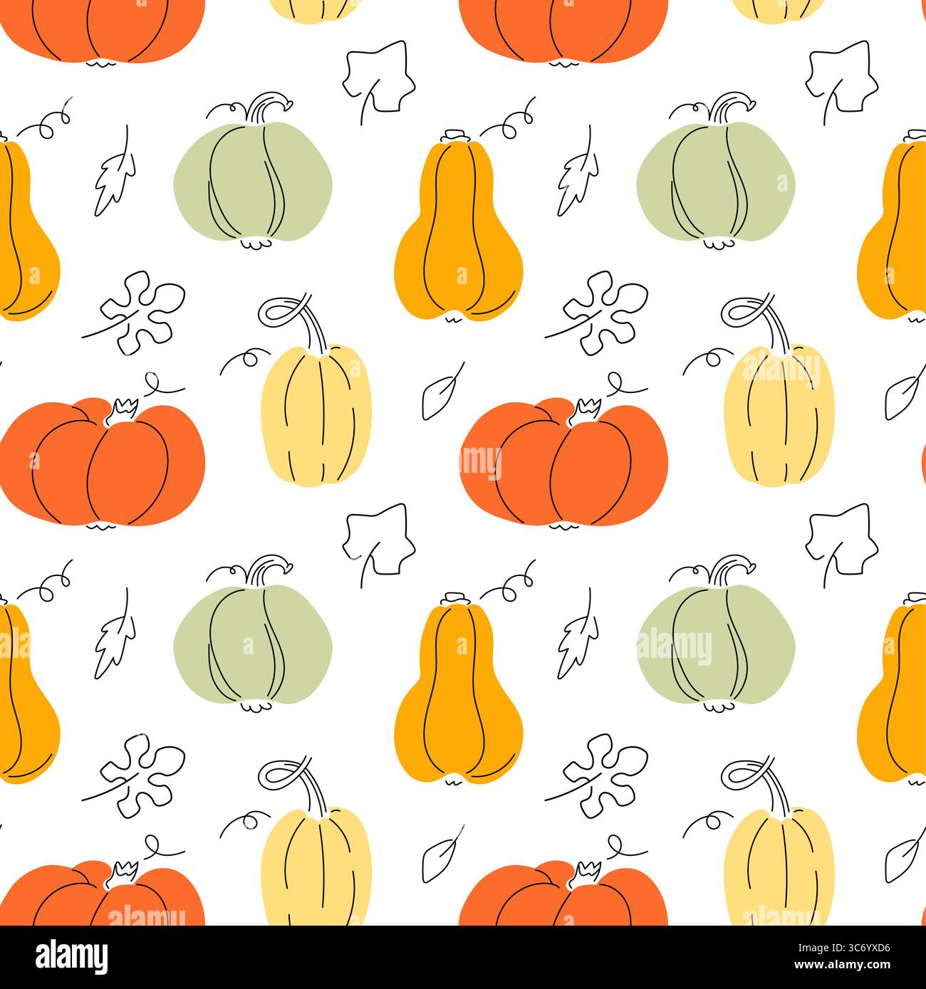 Doodle Pumpkins with leaves seamless pattern. Autumn colors modern ...