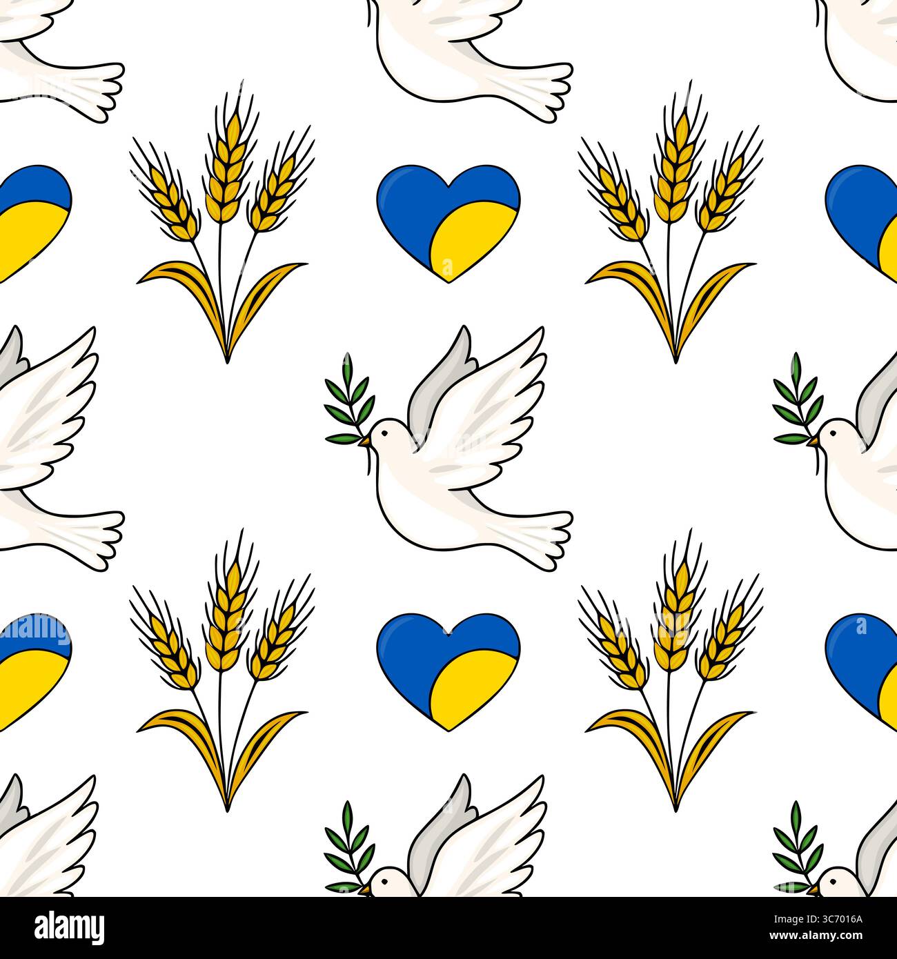 Seamless vector pattern featuring doves with olive branches, wheat ...