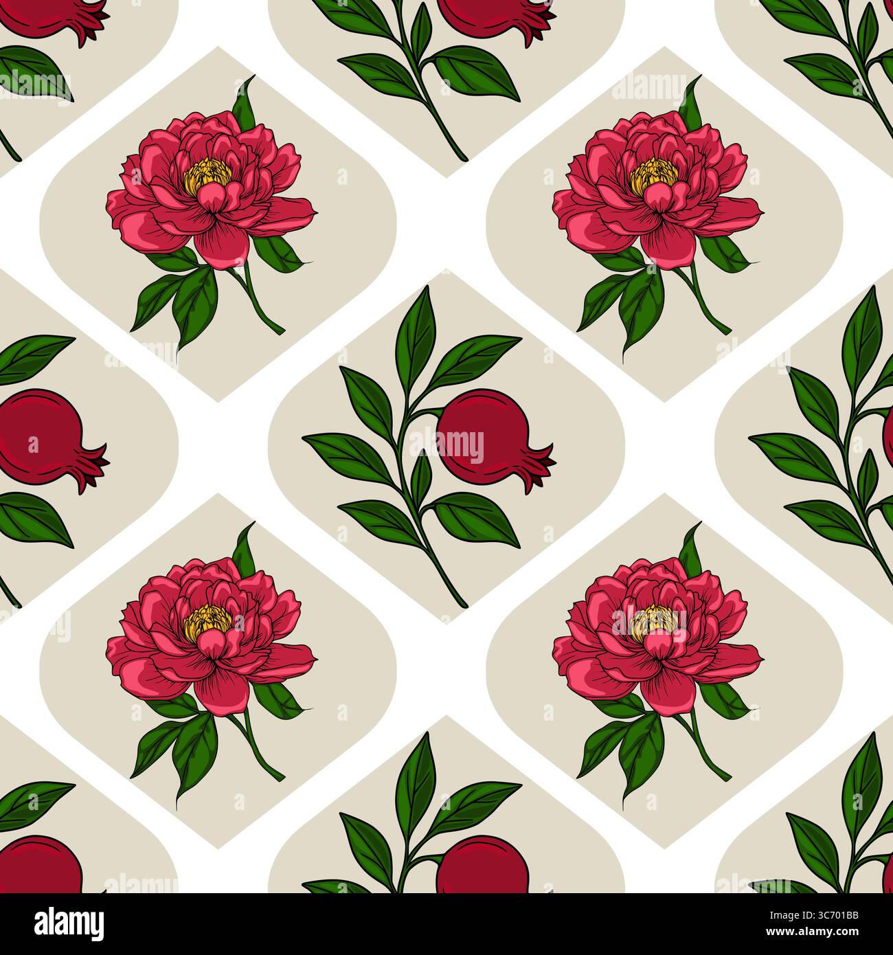 Seamless vector pattern featuring a repeating design of stylized peonies and pomegranates, arranged within a geometric, diamond-shaped motif on a beig Stock Vector