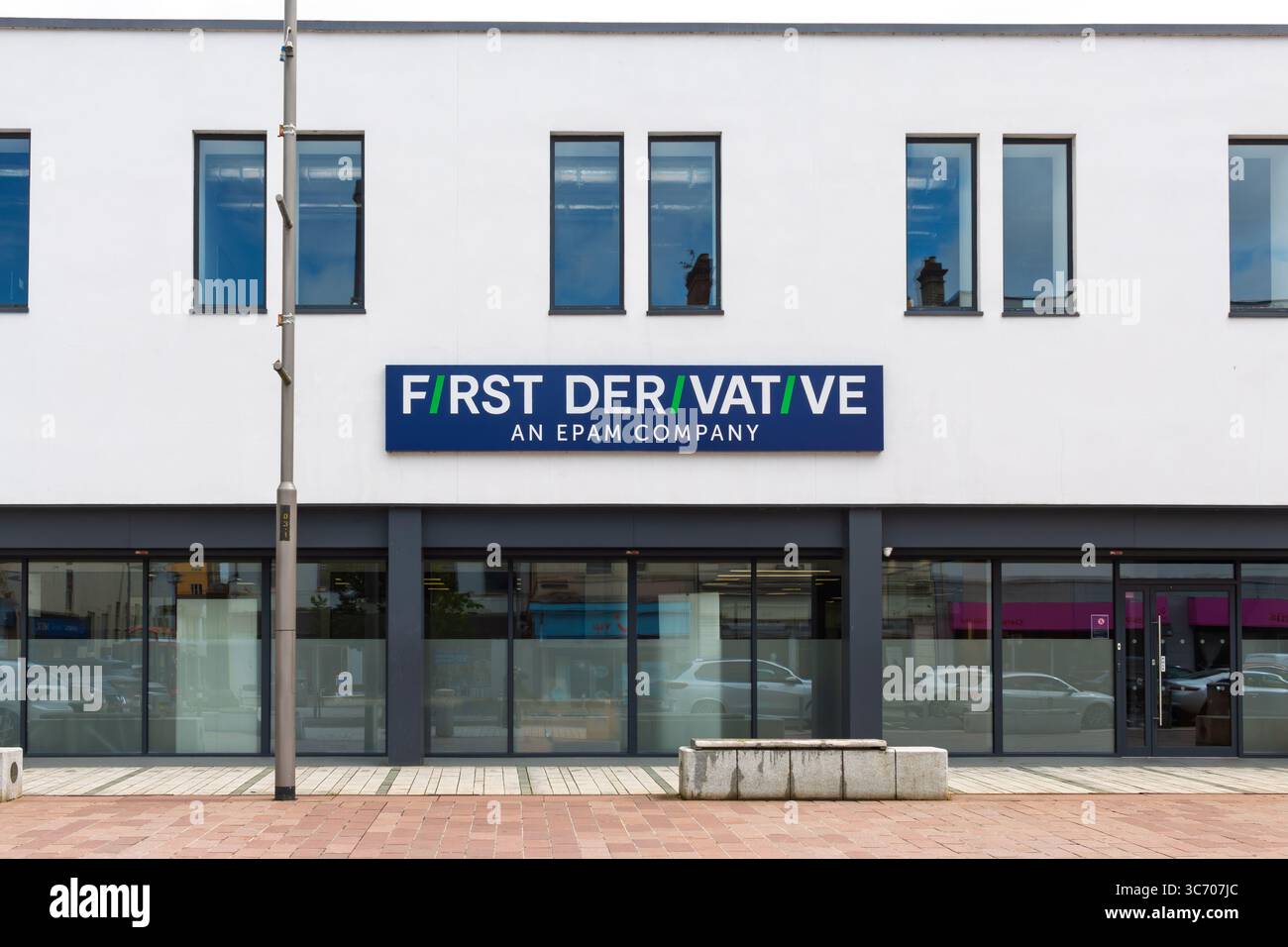 Office building with a sign for First Derivative, an EPAM Company in Newry, Northern Ireland Stock Photo