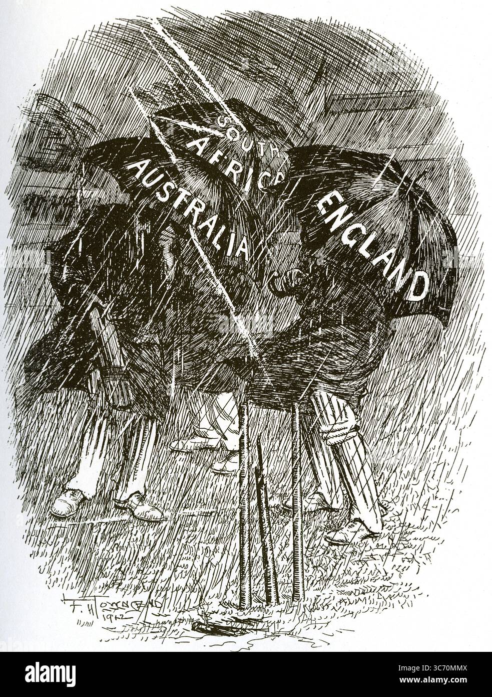 The Triangular Farce . Scene a blasted pitch . Satirical cartoon from Punch Magazine by F H Townsend depicting the disasterous cricket season of 1912 when both South Africa and Australia toured for the Triangular Test in England Stock Photo