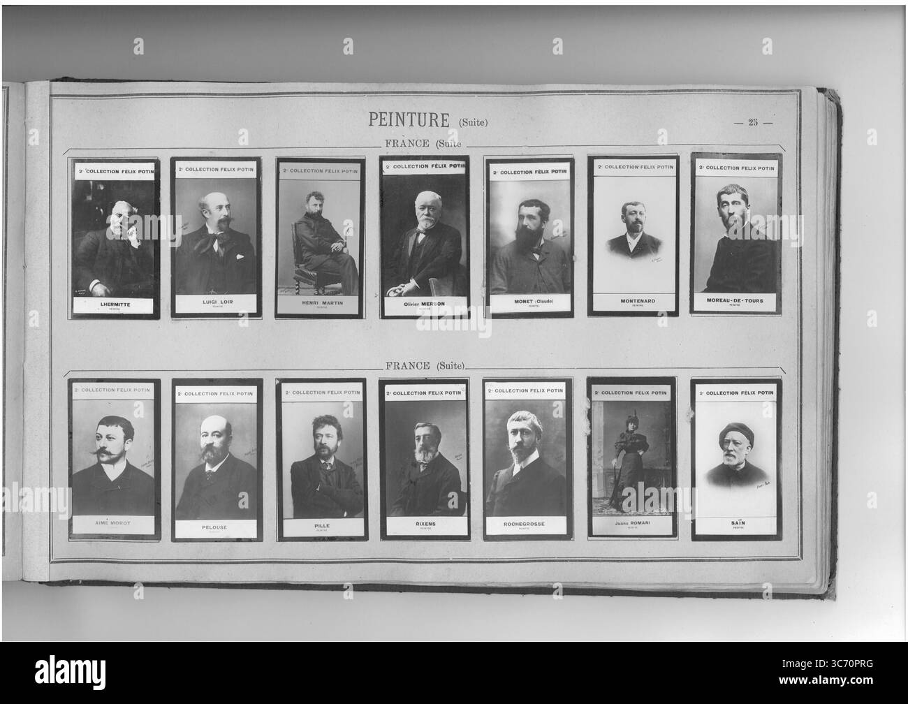 2nd COLLECTION FELIX POTIN PEINTURE  (top row l-r)  FRANCE:  Lhermitte (Leon-Augustin) 1844 - Loir (Luigi) 1855 - Martin (Henri-Joseph-Guillaume) 1860 - Merson (Luc-Olivier) 1846 - Monet (Claude) 1840 - Montenard (Frederic) 1849 - Moreau-de-Tours (Georges) 1848-1901  (bottom row l-r)  Morot (Aime) 1850 - Pelouse (Leon-Germain) 1850-1891 - Pille (Henri) 1844-1894 - Rixens (Jean-Andre) 1846 - Rochegrosse (Georges) 1859 - Mademoiselle Romani (Juana) 1869 - Sain (Edouard) 1830 Stock Photo