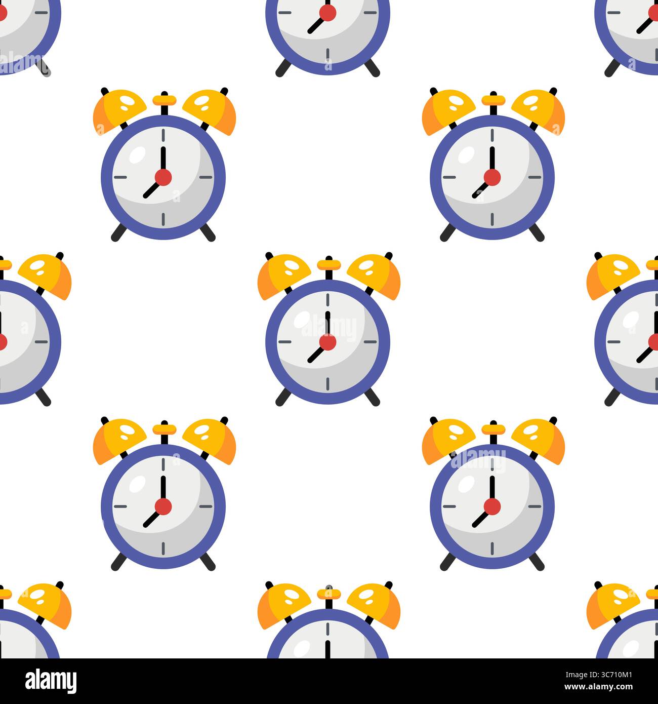 Blue alarm clock seamless pattern on white background. Cartoon style ...