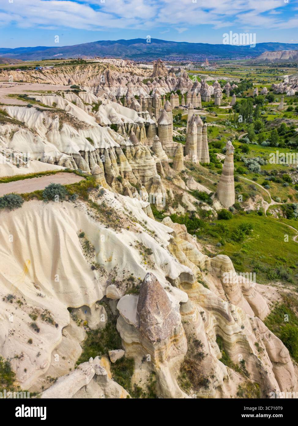 Drone aerial view of Love Valley's fairy chimneys in Cappadocia Turkey ...
