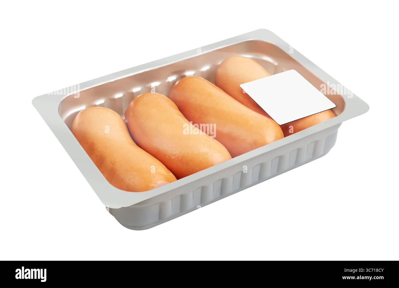 Boiled Sausages in pack, isolated on white background Stock Photo