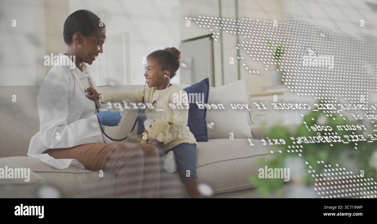 Doctor wearing lab coat conducting exam placing stethoscope on child chest at home, with teddy bear Stock Photo
