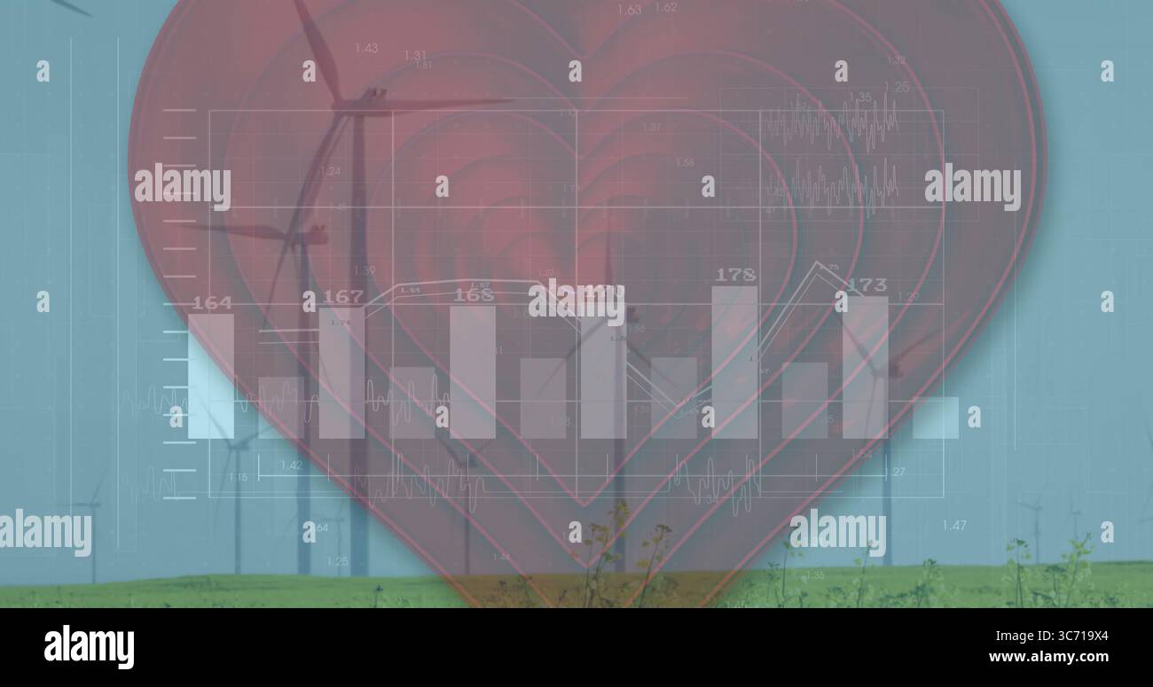 Displaying translucent heart over grassy field with wind turbines ...